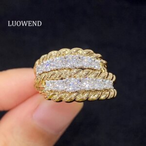 LUOWEND 100% 18K White+Yellow Gold Rings Women Luxury Shiny Design 0.95carat Real Natural Diamond Engagement Ring Fine Jewelry