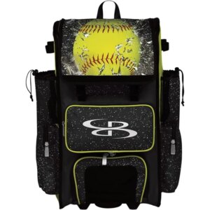 Boombah Rolling Superpack 2.0 Baseball/Softball Gear Bag- 23-1/2″ x 13-1/2″ x 9-1/2″ – Softball Highlight Black/Optic Yellow/Red