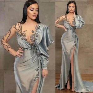 Fashion Gray Evening Dresses Floor Length Mermaid Side Split Appliques Long Sleeves Sexy High Quality Women Banquet Prom Gowns
