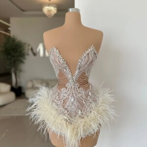 Exquisite Mini Rhinestones Evening Dress Sexy Feathered Women Prom Wear Customized Cocktail Deep V Neck Shiny Cut Out Beautiful