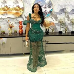 Gorgeous Beads Green Evening Dresses Illusion Women Formal Prom Gowns Feathers Straps Aso Ebi Vestido De Noche Customized