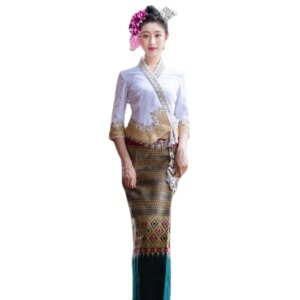 Thailand Traditional Clothing for Women Tops Blouse Skirt Thai Dress Costume Asian Clothes Vintage