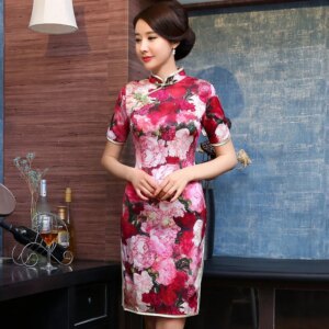 Summer New Printing Modified Mid-Length Mid-Sleeve Cheongsam Qipao Women’s Dress