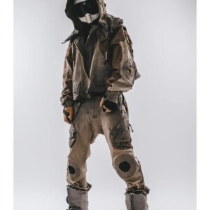 Wasteland  Machinery Multi-pocket Zipper Trouser Legs Adjustable Waist Washing To Make Black Stains Men’s Tooling Casual Pants