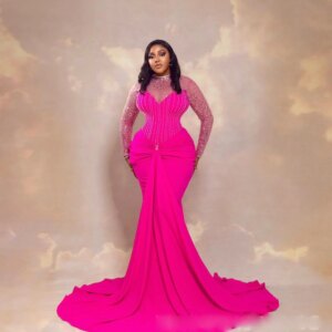 Beaded Mermaid Evening Dresses Pretty Fuchsia Prom Dress Formal Gowns For Women Mermaid Sheer Neck Long Sleeves IllusionCryst