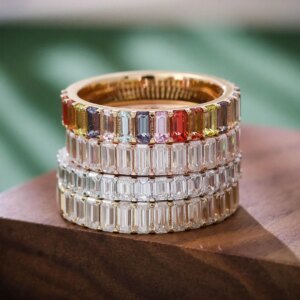 Provence jewelry 10K 14K yellow gold emerald cut rainbow lab sapphire eternity band for women custom promise anniversary gifts