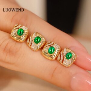 LUOWEND 18K Yellow Gold Earrings Fashion Elegant Style Real Natural Diamond Natural Emerald Earrings for Women Party Jewelry