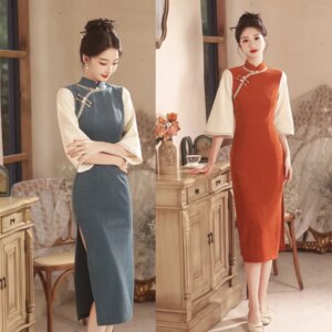 Women’s Long Cheongsam Qi Pao Autumn and Winter New Fashion Improvement Chinese