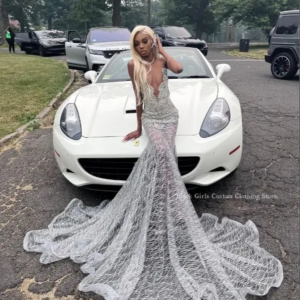 Sexy See Through Mermaid Prom Dress Silver V Neck Diamante Applique Black Girls See Through Tulle Formal Occasion Customised