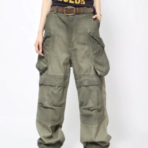 Heavy Waste Soil Wind Spray Paint Old and Dirty Large Pocket Overalls Men’s Loose Wide Leg Deconstruction Stitching Trousers