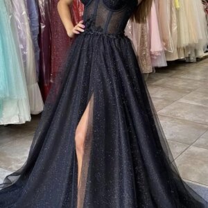 Black Glitter A Line Tulle Prom Dresses Spaghetti Straps Sweetheart Bones Side Slit 3D Flowers Long Evening Gowns