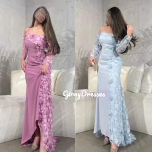 Customized Evening Dress Woman Off-The-Shoulder Neckline A-Line Flowers Prom Dresses Floor-Length Zipper Up Long Sleeves Lining