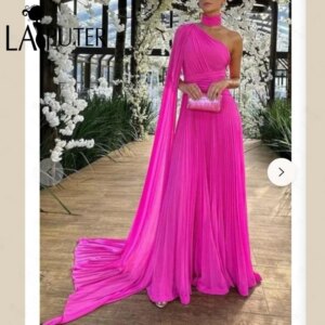 Fushcia Crumpled Chiffon Prom Dresses Halter Long Cape Evening Gowns One Shoulder Woman A line Formal Party Dress