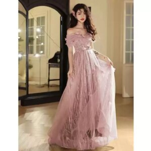 Pink Evening Dress Long Prom Dresses Off the Shoulder Lace-up Back Shining Beading Sequins