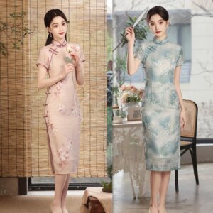 Retro Ethnic Style Pure Long Short Sleeve Robe Qi Pao Spring and Summer New Young Cheongsam Skirt
