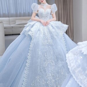 Customized Puff Sleeved Exquisite Blue Wedding Dress Pearl Lace Embroidery Princess Ball Gown Floor Length Vestido De Noiva 2025