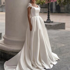 Simple Satin Wedding Dress Romantic Short Sleeve Bridal Gown Classic Customized Floor-Length Bridal Dress Vestidos