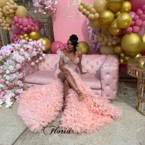 Luxury African Pink Evening Dresses Mermaid Sleeveless Beaded Celebrity Dresses With Side Slit Vestidos Para Mujer Party Gowns