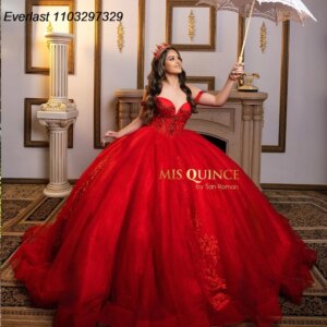 EVLAST Customized Red Quinceanera Dress Ball Gown Floral Applique Beading Corset Sweet 16 Vestido De 15 Anos Customized QD1197