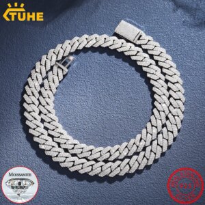 TU HE High Quality Unisex Hip Hop 14MM-23mm Cuban Chain Necklace Moissanite 925 Silver For Men Hip Hop Jewelry