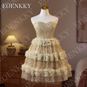 EOENKKY Sparkly Short Prom Party Dresses for Woman Luxury Strapless Sweetheart Neck Tiered Ruffles Homecoming Dress Customized