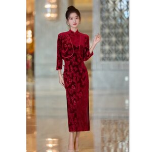 Embossed Velvet Long Sleevelessd Tippet Cheongsam Qi Pao Two-Piece Set Autumn New plus Size