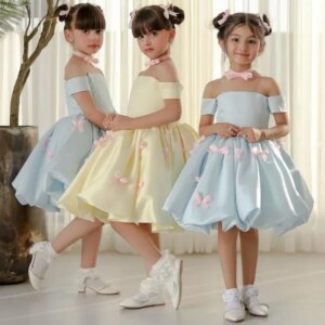 Custom Casual Banquet Princess Gown Customized Flower Girl Dresses Satin With Pink Bow Short Sleeve For Wedding Birthday Party