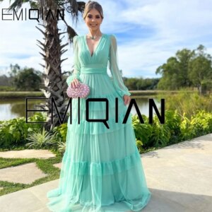 Elegant Long Sleeve Soft Tulle Prom Dresses A-Line V-Neck Tiered فساتين سهرة Floor Length Evening Dress for Women