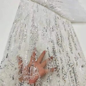 2025 Beaded Lace Lace Fabric 5 Yards High Quality French Sequin Tulle Pearl Net African Lace Fashion Wedding Dress Sewing