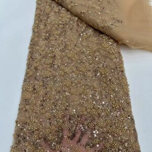 African Beaded Lace Tulle Fabric, Heavy Handmade, Sequin Fabric, Nigerian Wedding, Prom Dress, Sew, High Quality, Gold, Q390-1
