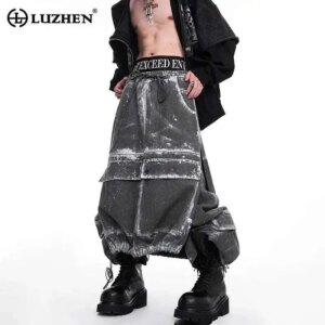 LUZHEN Fake Two-piece Scrawl Straight Pants Multi Pocket Wornout Street High End Fashion Male Elastic Waist Trousers 2025 LZ7286