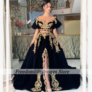 Modest Black Evening Dresses For Women Lace Applique Albanian Wedding Party Dress Short Sleeve Velvet robe de mariage Customized