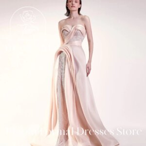 Bloom Formal Dresses Store Customized Strapless Satin Evening Gown with Embellished Bodice and Asymmetric Drape for Elegant