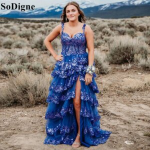 SoDigne A-Line Sparkly Sweetheart Prom Dresses Spaghetti Straps Tiered Lace Side Slit Princess Formal Evening Gown Custom Size