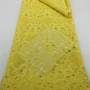 Yellow African Lafaya Cotton Lace Fabric 2024 High Quality Swiss Voile Nigeria Rhinestones Cotton Lace For Women Evening Dresses