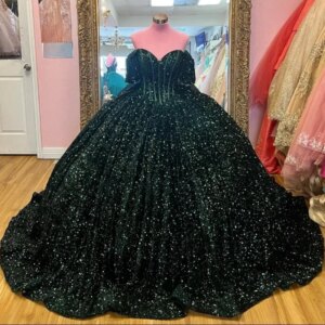 NB69 Customized Dark Green Sequined Prom Dresses Ball Gown Off Shoulder Bow Lace Up Ball Gown Vestido De 15 xv Anos Quinceanera