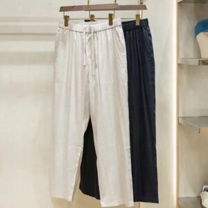 Spring and summer men’s linen blended thin fashion elastic waist straight leg casual pants