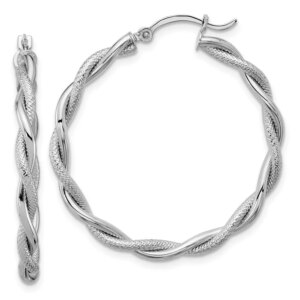 14k White Gold Large 3mm Polished Diamondcut Twisted Hoops