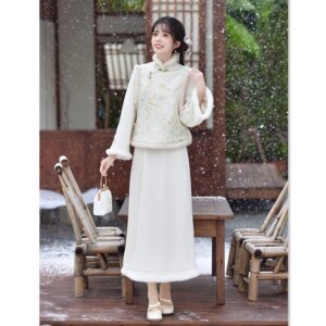 Vest Suit Chinese Style Winter New Cheongsam Qi Pao Thick Retro Fur Collar Padded Top