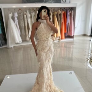 Mermaid Pearls Halter Evening Dresses Feathers Beaded Saudi Arabic With Sashes Formal Wedding Party Prom Gown Vestido Customized