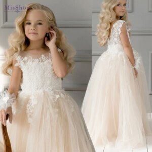 Customized Kids Lace Flower Girl Dress Crew Neck Princess First Communion Children Bridesmaid Dresses For Wedding Party Birthday