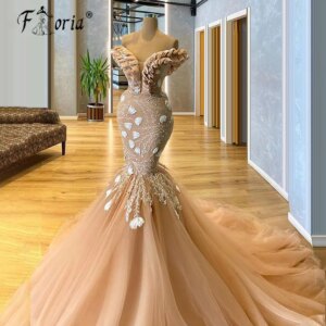 2024 Gorgeous Champagne Mermaid Evening Dresses Floral Applique Ruffles Off Shoulder Prom Gowns Celebrity Party Vestido De Novia