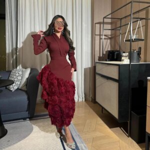 Customized Straight Prom Dresses Tea-Length V-Neck Full Sleeve Evening Dresses Fashion Elegant Exquisite Flowers Party Dresses