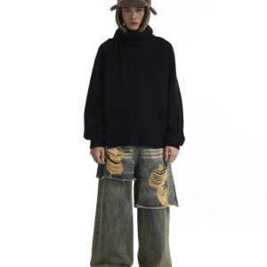 American Retro Wash Cement Dyed Damaged Fake Two-Piece Jeans Special-Interest Design Loose Straight-Leg Wide-Leg Pants