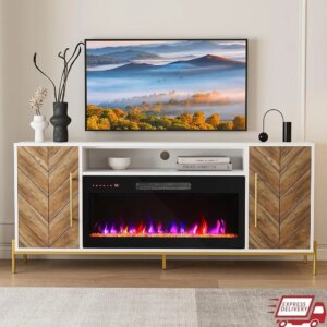 Electric Fireplace TV Stand 68 Inch Wood Entertainment Center with Adjustable Storage Cabinets TVs up to 75 Inches