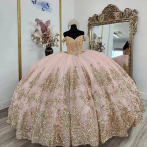 Pink Charro Quinceanera Dresses Ball Gown Off The Shoulder Appliques Beaded Mexican Sweet 16 Dresses 15 Anos Customized
