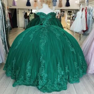 Lorencia Emerald Green Quinceanera Dress Off Shoulder Bow Floral Appliques Lace Beads Corset Sweet 16 Vestidos De XV Anos YQD404