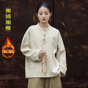 Spring and Summer Cotton Linen Women’s New Artistic Retro Stand Collar Chinese Color Matching Plate Thickened Fleece-Lined Top T