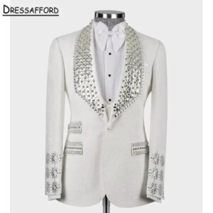 White Jacquard Men’s Suits Fashion 2 Pieces Sets Jacket Pants Crystal Diamonds Groom Prom Blazers Decoration Tuxedos Men