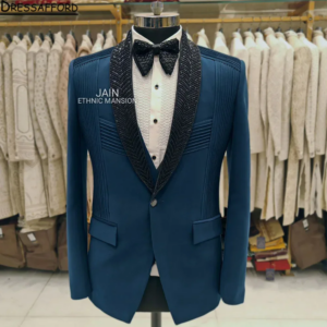 Blue Pleat Men’s Suits Fashion 2 Pieces Sets Groom Prom Blazers Handmade Beaded Decoration Tuxedos Men